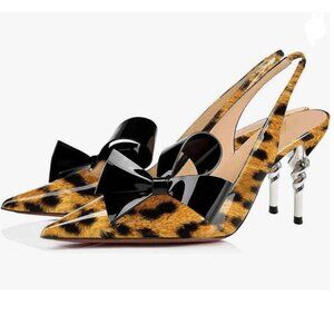 FOWT Leopard Pointed Toe Slingback Stiletto Heels Bow Dress Pumps